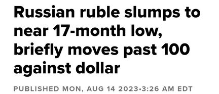 Russian Ruble drops to  100.